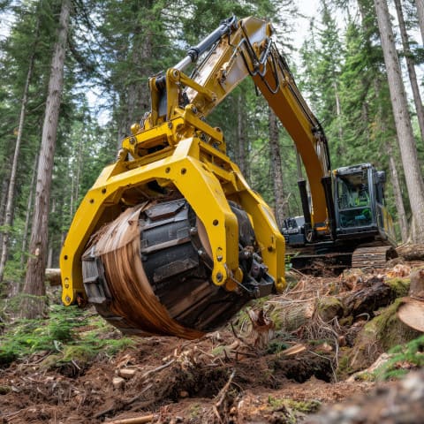 Holzgreifer aus Hardox-Stahl hebt schweren Baumstamm im professionellen Forsteinsatz