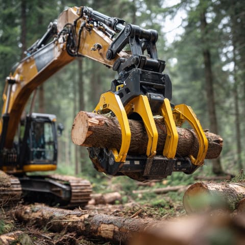 Hydraulischer Holzgreifer für Bagger beim Greifen eines Baumstamms im Forsteinsatz