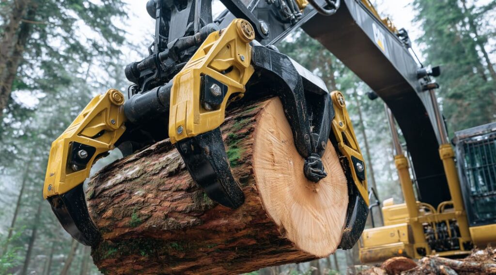 Robuster Holzgreifer aus verschleissfestem Stahl im professionellen Forstbetrieb