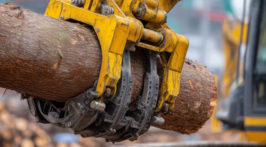 Verstärkter Holzgreifer für Bagger beim Einsatz mit schwerem Stammholz